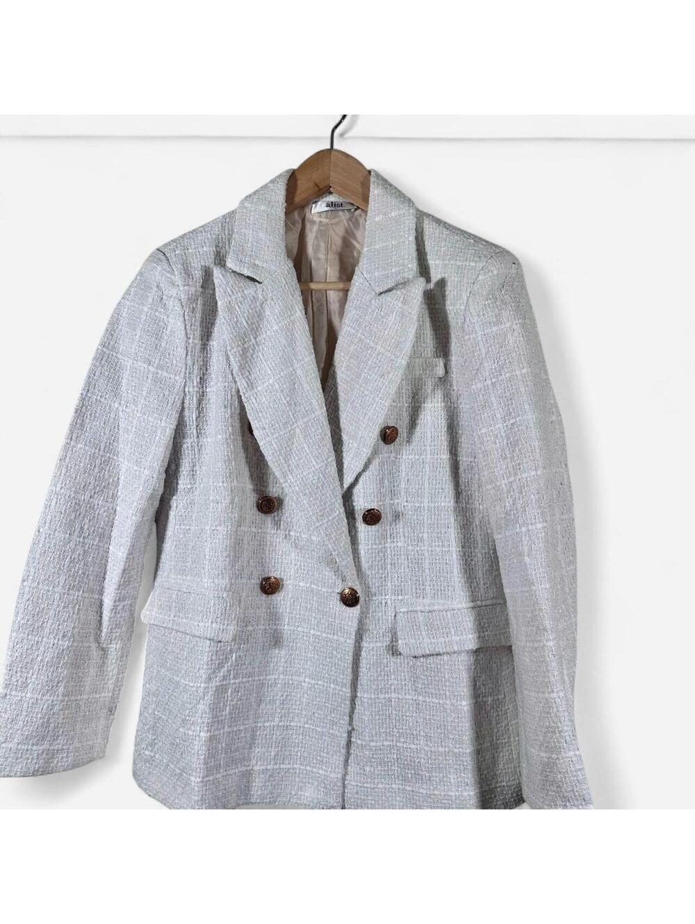 A.List White Tweed Double Breasted Blazer Size L Gold Buttons